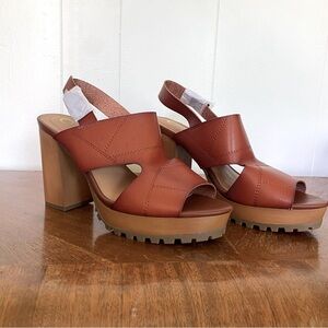 New Chunky Heel Sandel 9.5 Stacked Block Cognac Brown Strap Comfort Retro